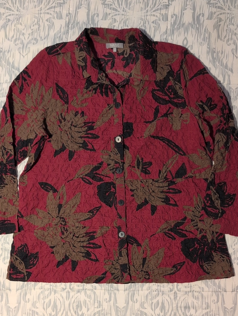 Habitat Pucker Weave Floral Button Front Tunic Medium Cranberry